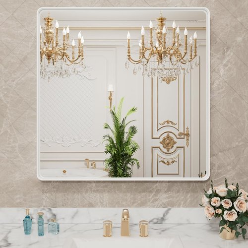LOAAO White Metal Framed Bathroom Mirror - Large 38x38 Inch Rounded Rectangle | Anti-Rust Tempered Glass, Versatile Hanging Options