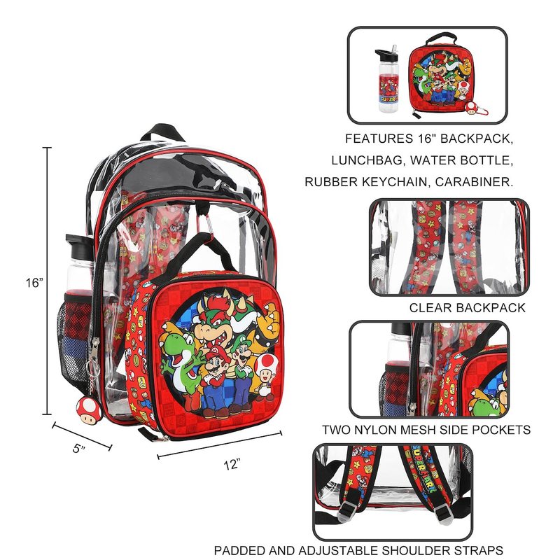 Bioworld Super Mario Brothers 5-Piece Backpack & Lunchbox Set With Water Bottle