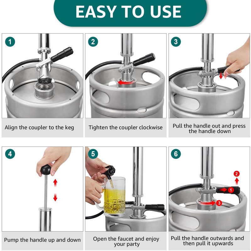 8" Keg Tap Pump - American D-System Beer Keg Tap, Party Beer Keg Hand Pump Tap Kit, Beer Picnic Tap Dispenser for Home Bar, Kegerator Beer Pump with 2 Beer Faucet, Beer Hose and 2 Hose Clamps