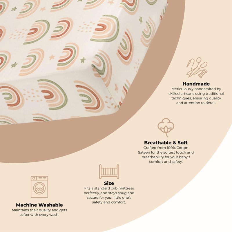 Crane Baby 100% Cotton Breathable Fitted Baby and Toddler Sheet for Standard Mattress (28 X 52), Machine Washable Crib Boho Rainbow Boho Rainbow