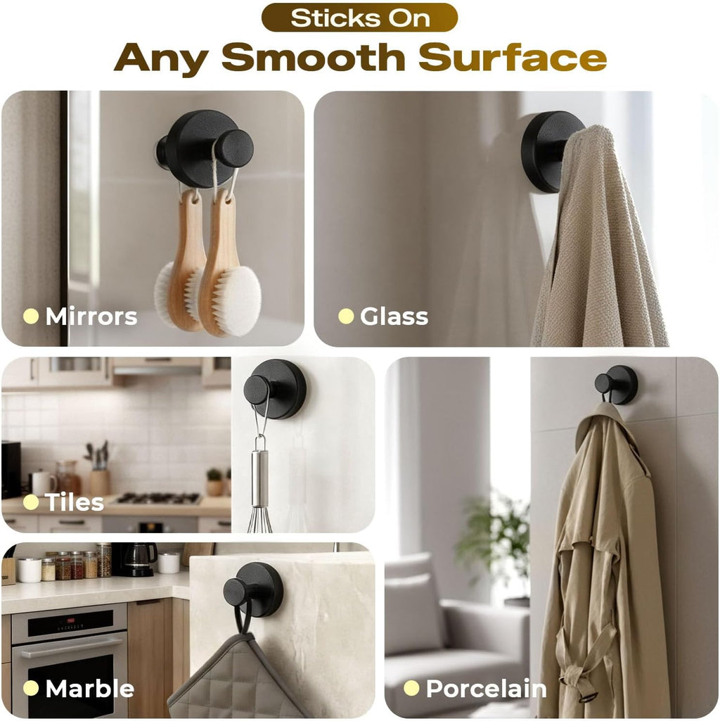 Skiennix Heavy-Duty Suction Cup Hooks - Removable Towel Hooks for Bathroom & Shower | 4 Pack, Black