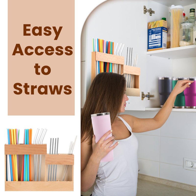 Reusable Wooden Straw Dispenser Organizer with 2-Sided Adhesive - Cabinet & Countertop Storage for Metal/Glass Straws, Compatible with Long & Short Straws