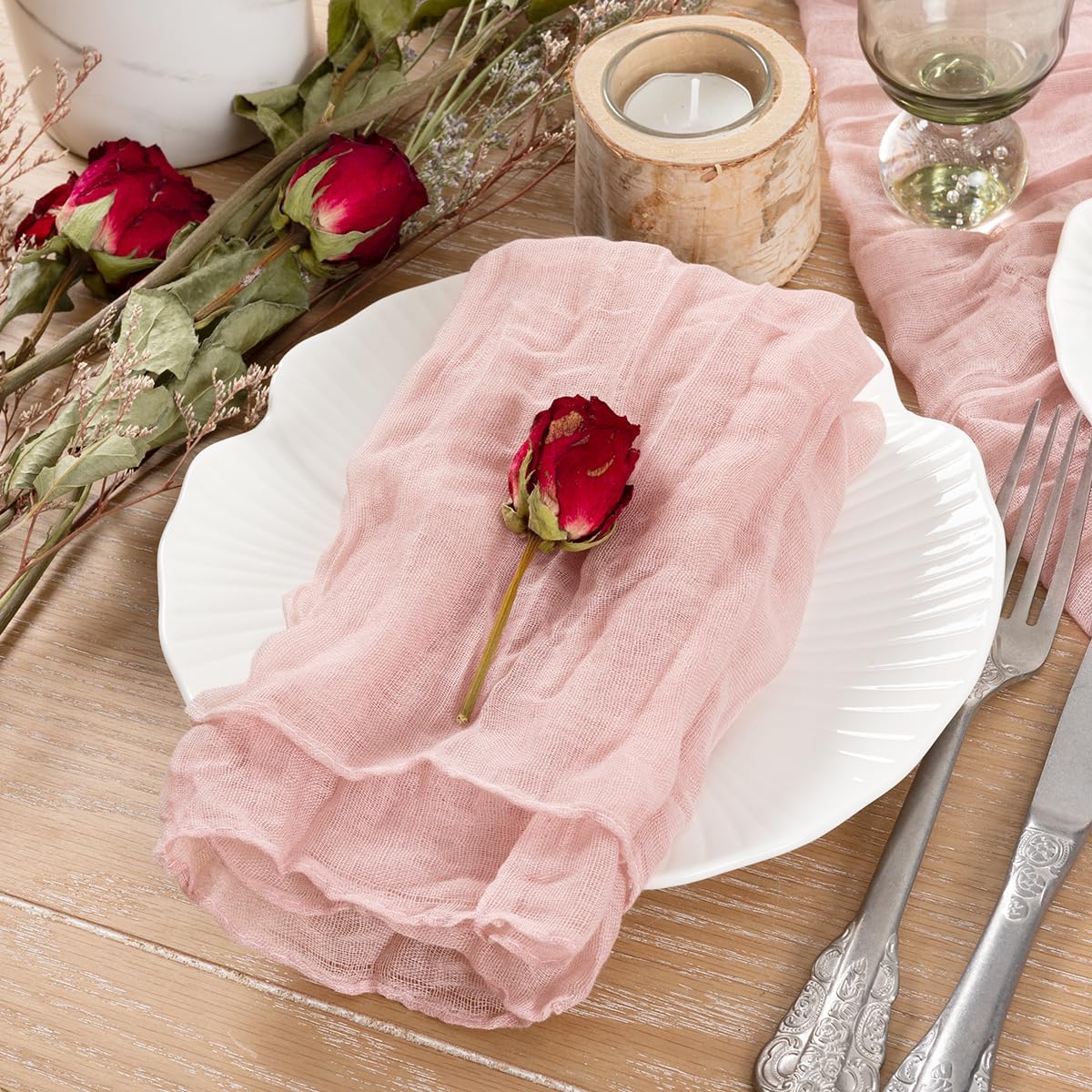 Socomi Pink Cheesecloth Napkins - Set of 10 Boho Washable Dinner Table Cloths for Spring Events