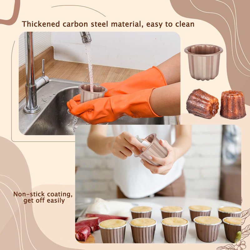 Blushtier 6 Pcs Canele Mold Cake Pan Non Stick small Copper Color Canele Molds Muffin Bakeware Cupcake Pan 2.8 Inch Carbon Steel Pastry Mould Mini Cupcake Holders DIY Cake Muffin Oven Baking Tool