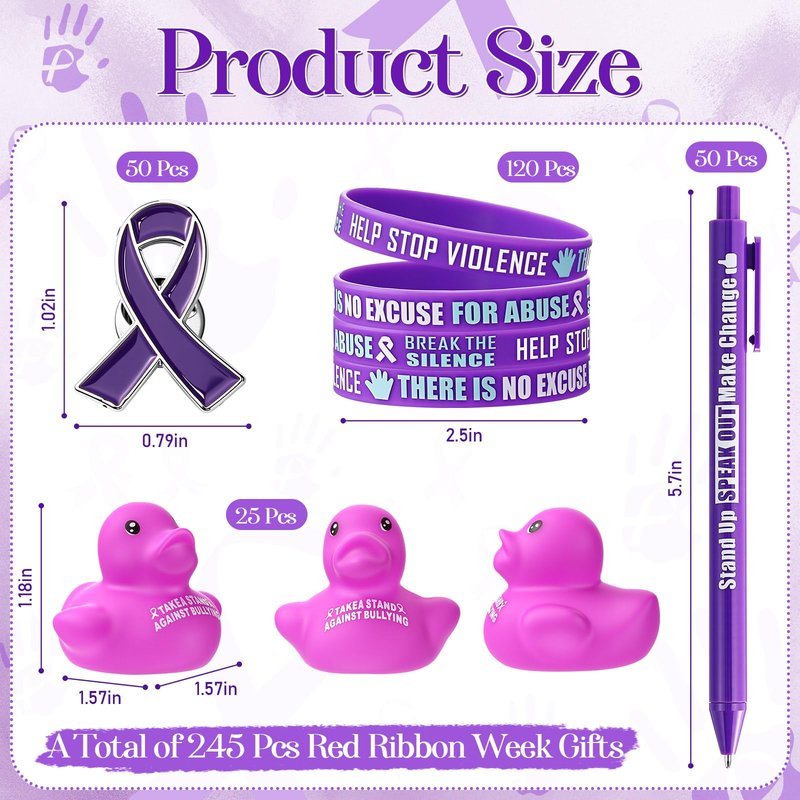 JellyArch 245 pcs Domestic Violence Awareness Accessories Gifts Bulk Purple Ribbon Pins, Bracelets, Pens, Ducks, for Cancer Awareness Month in October Against Violence Event Supplies