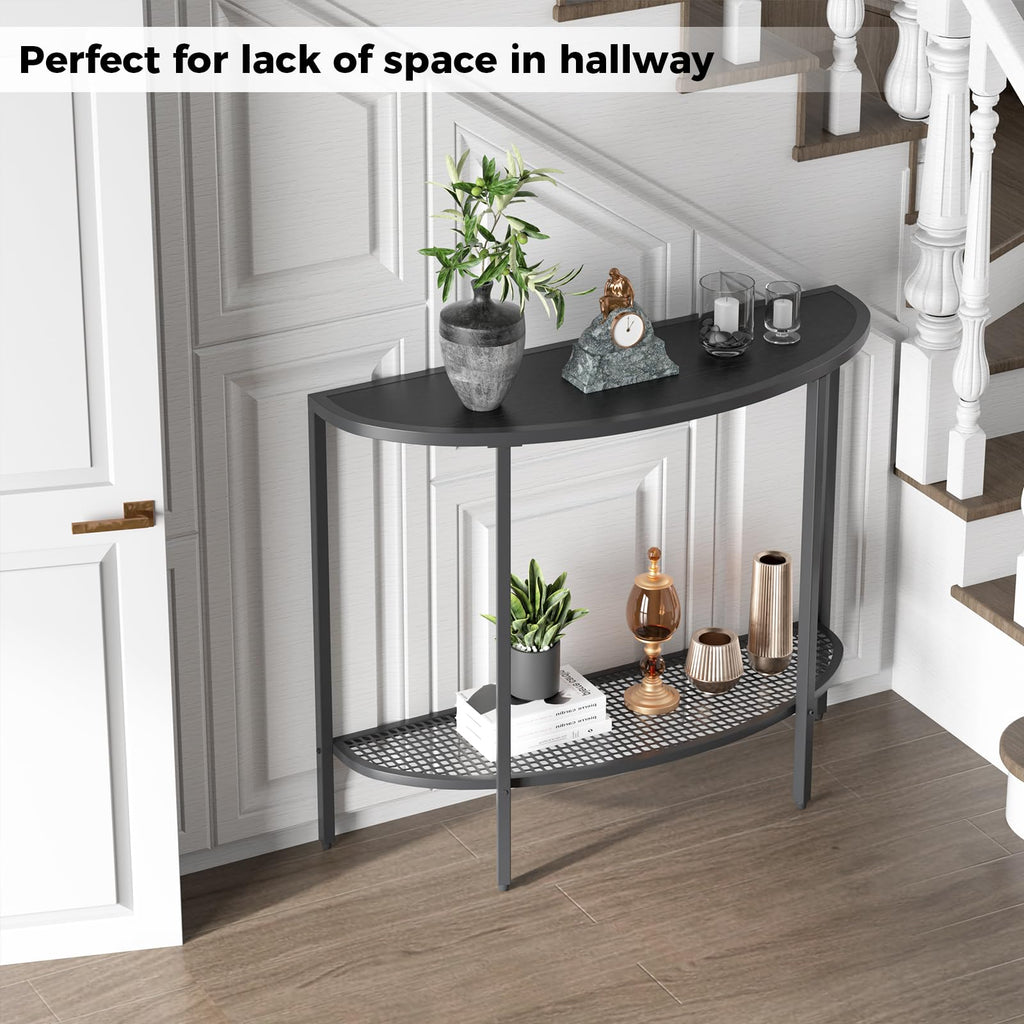 SAYGOER Glass Half Moon Console Table 2 Tier Narrow Entryway Table with Gold Metal Frames, Modern Couch Table Small Entry Way Tables, Easy Assembly, Clear Glass Gold Frames