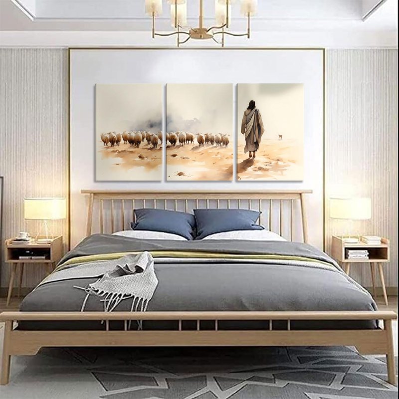 3Pcs Jesus And Lamb Canvas Wall Art Jesus Left 99 Lost Lambs Wall Decor Pictures Christian Spiritual Healing Posters Prints Paintings for Living Room Bedroom Church Prayer Room Artwork Home Decoration