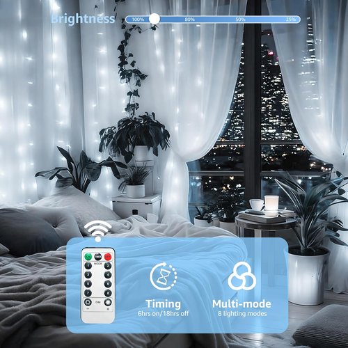 FUYO 300 LED Window Curtain String Lights - Waterproof Fairy Lights with 8 Modes for Bedroom & Party Decor | White