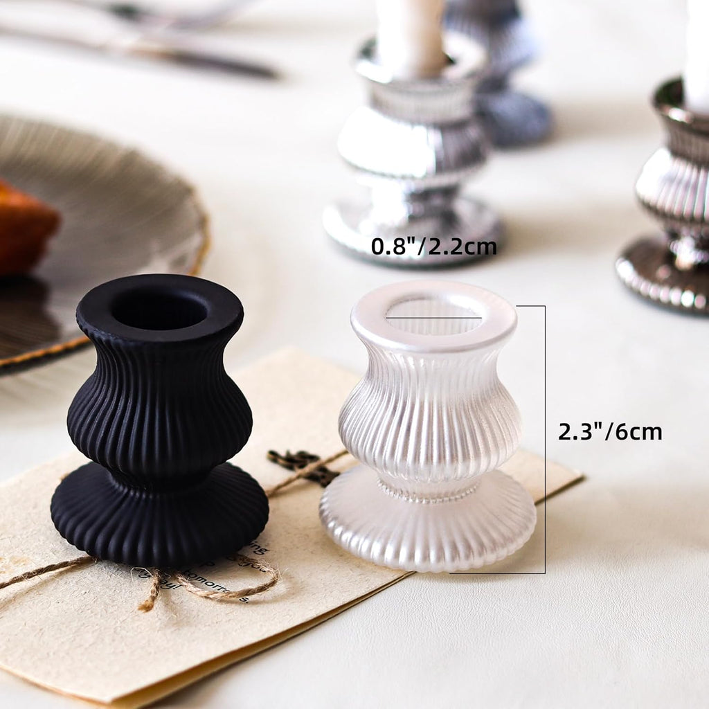WDHODEC Black & White Candlestick Holders - 12PCS Glass Taper Holders for Elegant Table Centerpieces