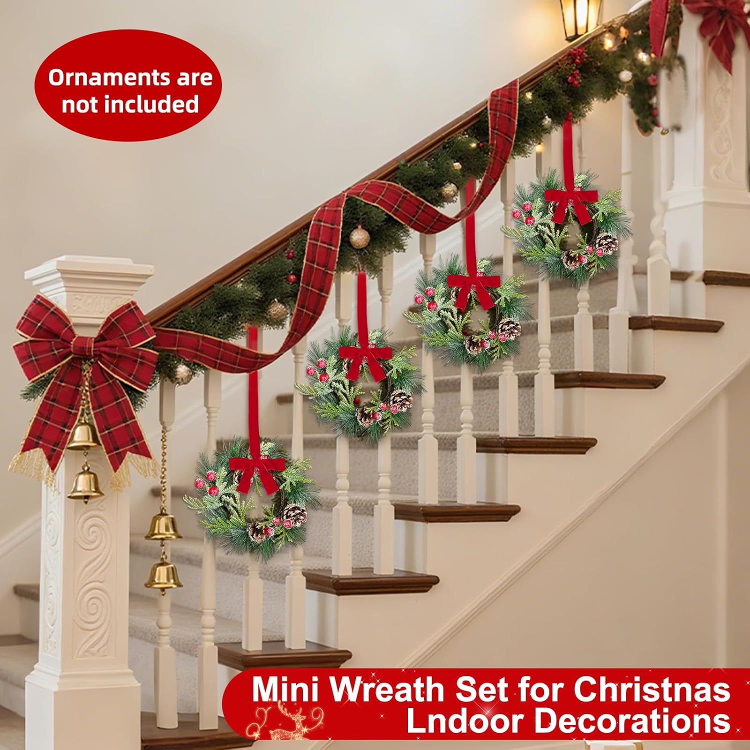 Skiennix 6 Pcs Mini Christmas Wreaths - 9 Inch Snowy Pinecone & Red Berry Candle Rings for Holiday Decor