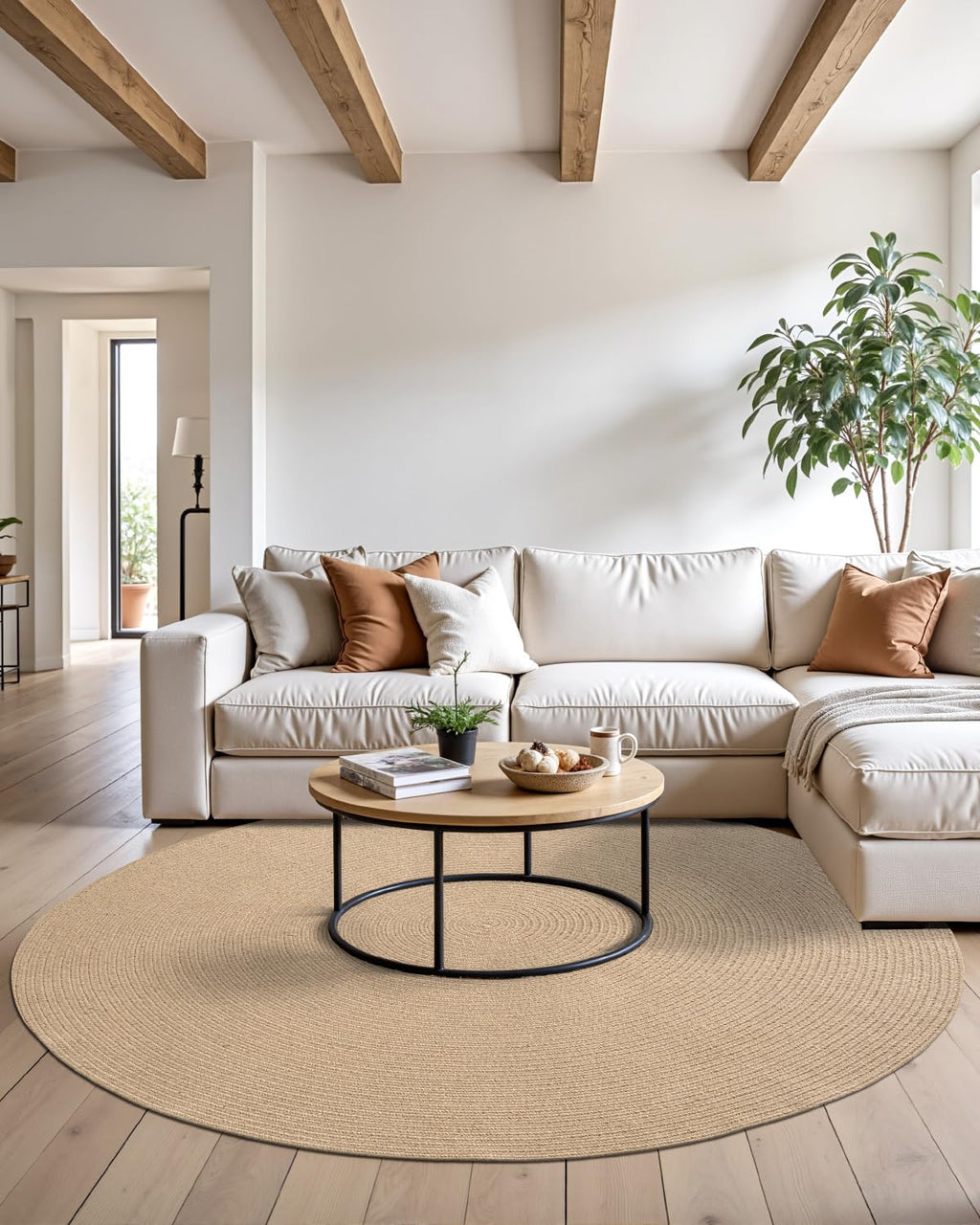 DEXI Round Jute Rug Natural Fiber 4x4, Braided Woven Area Rugs No Shed, Soft Neutral Rustic Carpet Mat for Indoor Outdoor Patio Dining Living Room Bedroom Farmhouse, 4ft, Beige