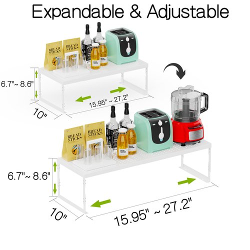 Jojocross Adjustable Stackable Metal Storage Shelf Organizer - Expandable Wire Rack with Perforations for Kitchen, Pantry, Bathroom, Cabinet & Office-Compact, Durable & Sturdy (2PACKS/Large/White)