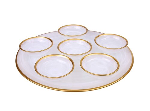 Classic Touch Decorium Alabaster White Seder Plate with gold rim and 6 Mini Removable Bowls 12.75" D X 4.25" H - Passover Holiday Kaarah Pesach Tray
