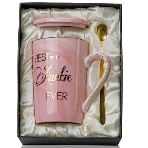 Aunt Gifts for Aunts from Niece - Mothers Day Birthday Gifts for Aunt, 14Oz Pink Marble Ceramic Coffee Mugs Print with Real Gold, Best Aunts Auntie Ever Gift Mug with Lid Spoon Card, Nice Box