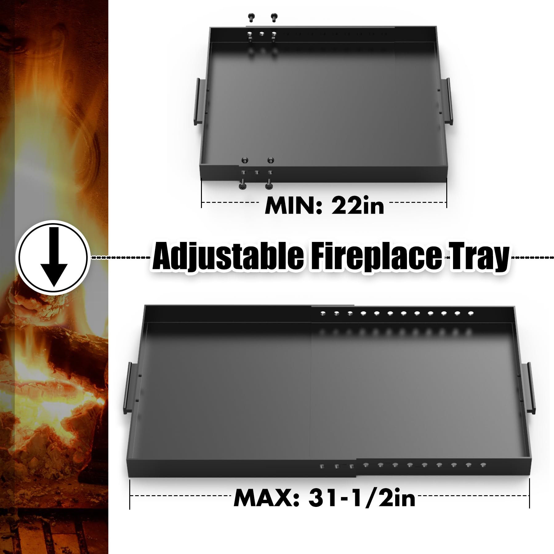 Memrita Fireplace Tray Large Size,Adjustable Ash Pan with Handles for Fireplace Grate Ash Collection,Rectangle Fireplace Pan Extend Length from 22" to 31",Provide a Cleaning Brush