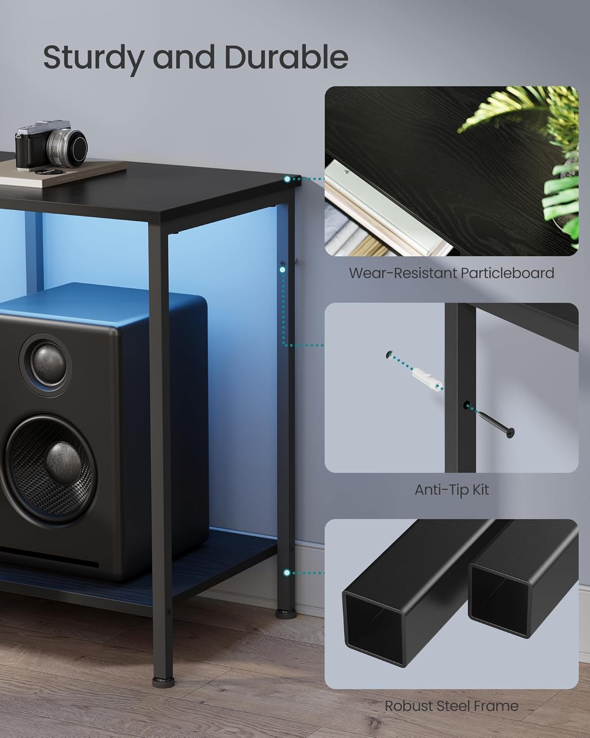 SONGMICS TV Stand - Modern Entertainment Center with Power Outlets & Lights for TVs Up to 70 Inches - Ink Black