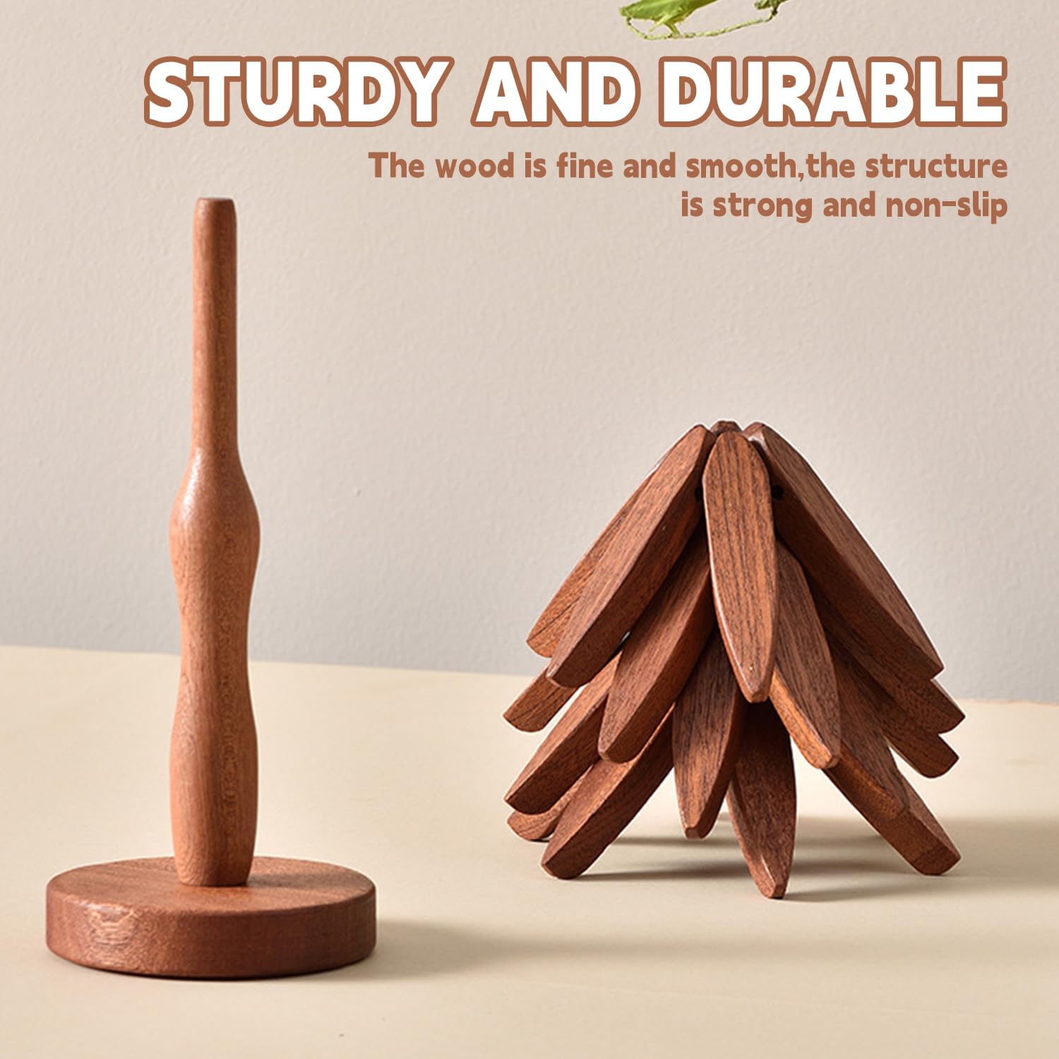 Skiennix Wooden Trivets - Tree Shape Set with 4 Walnut Wood Pieces & Stand | Foldable Hot Dish Holder