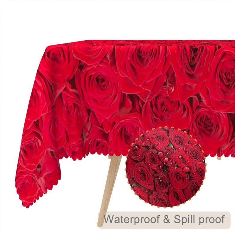 TTQYFNM 54x78inches Red Rose Floral Tablecloth Romantic Rose Flowers Blossom Nature Print Rectangle Table Cloth Wipeable Polyester Table Cover for Dining Room Kitchen Outdoor Wedding Party Decor