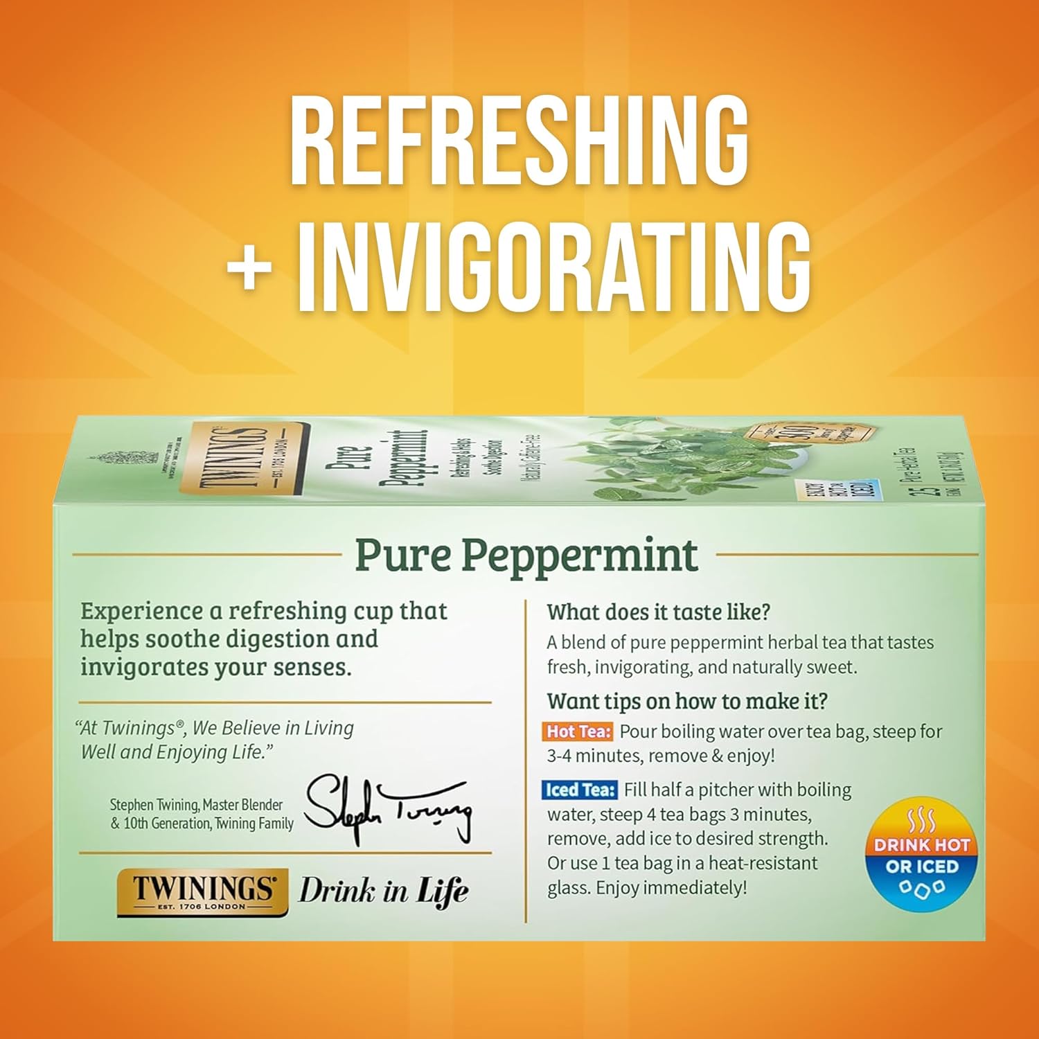 Twinings Pure Peppermint Herbal Tea - Individually Wrapped Bags, 25 Count | Caffeine-Free, Fresh Minty Flavor, Perfect Hot or Iced