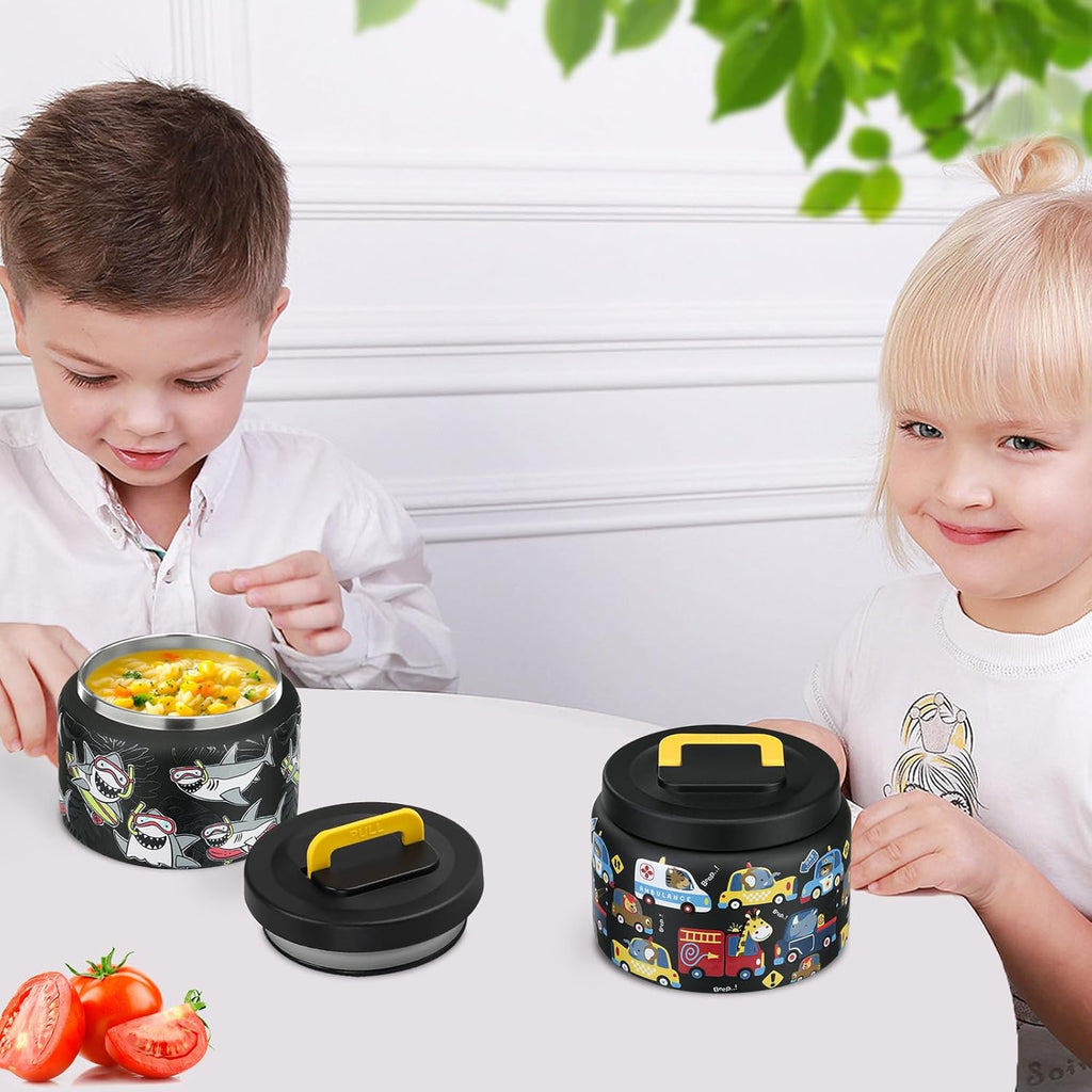 PIQUEBAR 8oz Kids Thermos - Stainless Steel Lunch Container with Easy Open Wide Mouth | Black Animal Truck