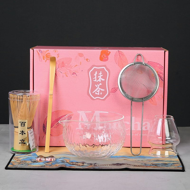 7 Pcs glass matcha whisk set, Matcha Set ， Matcha Bowl, 1 Matcha Whisk 1 Scoop Holder, transparent Matcha Kit(white)