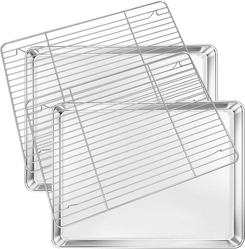 Deedro Baking Sheet Set - Stainless Steel Cookie Pans with Cooling Racks | 2 Sheets & 2 Racks, 16 x 12 x 1 Inch