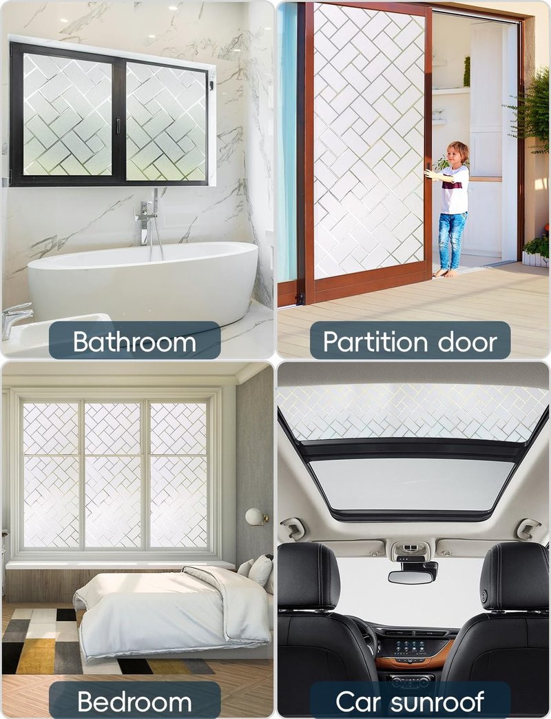Frosted Glass Window Film Sun Blocking Window Tinting Film for Home, Static Clings Removable Frosting Bathroom Door Window Covering, 45.2 inch x 78.74 inch, White-Grid
