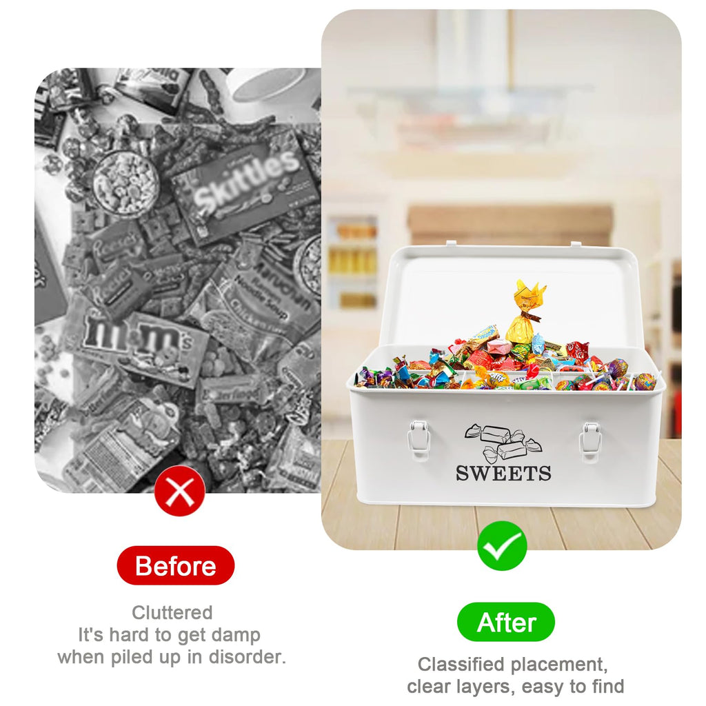 Gzsekken Candy Jar Candy Container for Kitchen Counter, Metal Vintage Candy Dish with 4 Compartments and Hinged Lid Lockable Clips Kitchen Canister for Snack Cookies & Dessert,7L,White