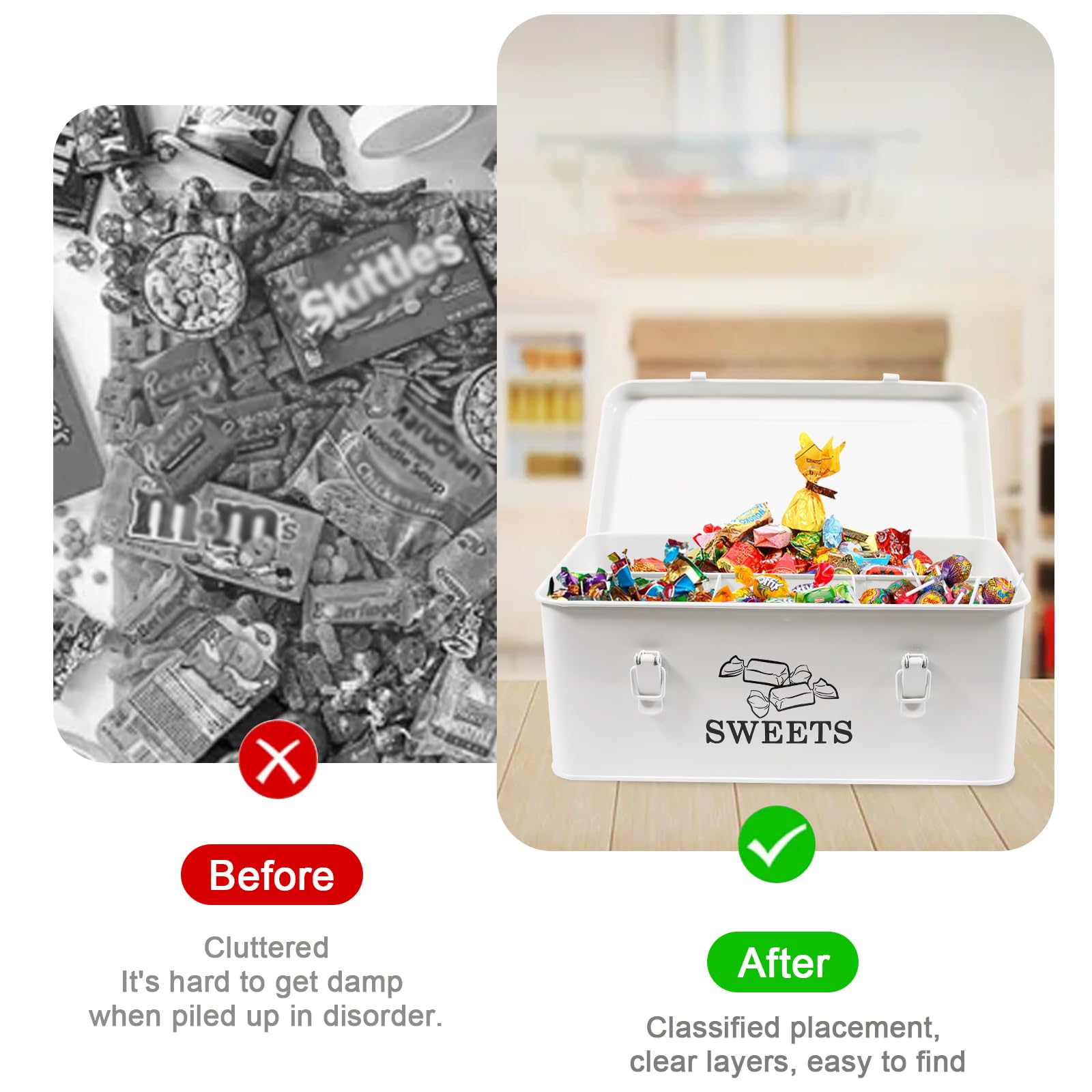 Gzsekken Candy Jar Candy Container for Kitchen Counter, Metal Vintage Candy Dish with 4 Compartments and Hinged Lid Lockable Clips Kitchen Canister for Snack Cookies & Dessert,7L,White