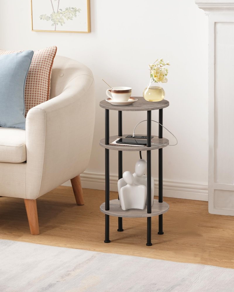 CHOEZON Small Round Side Table with Charging Station, Round End Accent Table, 3-Tier Sofa Side Table for Small Spaces, Nightstand for Living Room, Bedroom, Greige and Black TBZ06UFH
