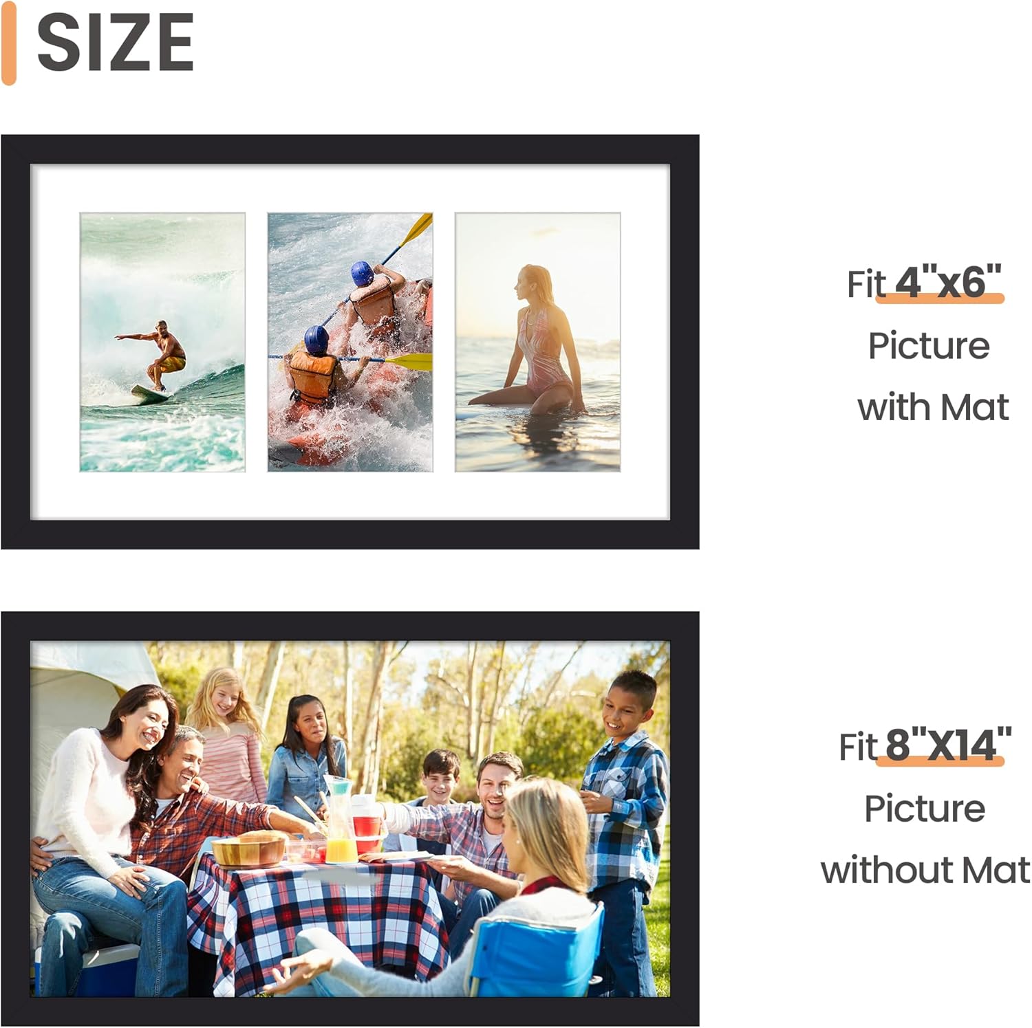 Upsimples 8x14 Collage Picture Frame - Display 3 Photos (4x6) with Mat or Without Mat, Black