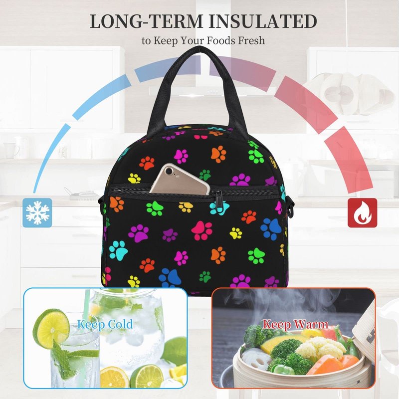 Colorful Dog Animal Paws Lunch Bag Reusable Insulated Lunch Tote Bag Lunchbox Container With Adjustable Shoulder Strap For Office Work School Picnic Travel