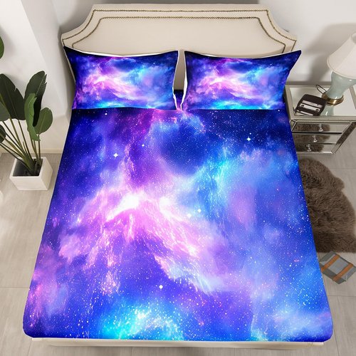 Purple Galaxy Bedding Set Twin Kids Teens Girls Boys Starry Sky Fitted Sheet Space Universe Star Design, Soft Breathable Home Decorative 2 Pcs Bed Sheets with 1 Pillowcase,Top Sheet not Included