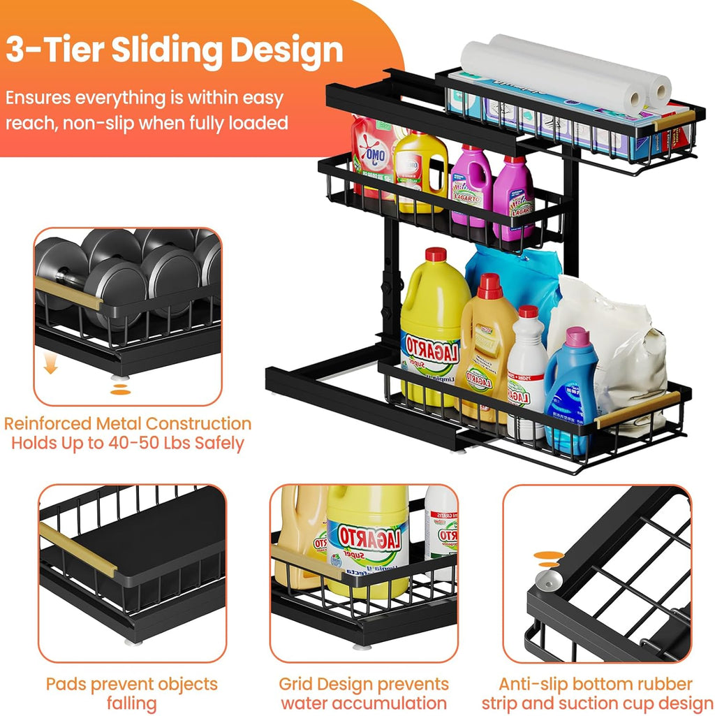 Under Sink Organizer - 2 Pack 3-Tier Pull-Out Shelf for Bathroom & Kitchen Storage | Slide-Out Drawer Solution