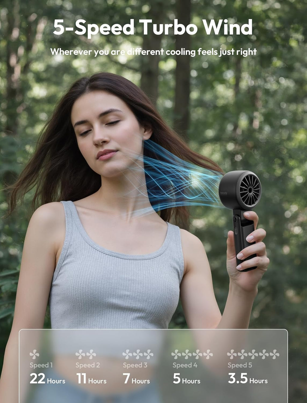 Aecooly Portable 3-in-1 Turbo Handheld Fan - USB Rechargeable Mini Personal Fan | 22H Max Cooling Time, Black