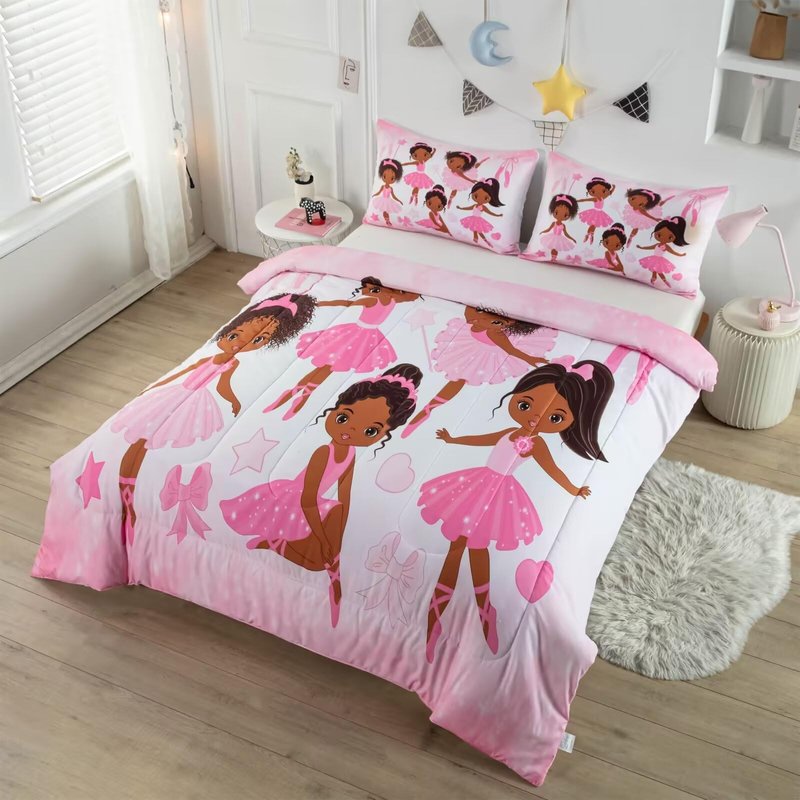 CKOU CCOO Girls Pink Ballerina Comforter Set Full,African American Black Girl Bedding Set,Cute Little Ballet Princess Comforter Set Bedspread for Kids Toddler Girls BeBedroom Set Room Decor