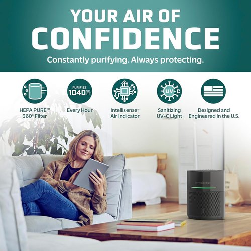 GermGuardian Airsafe+ HEPA Air Purifier - Large Room Coverage Up to 1043 Sq. Ft. | UV-C Light & Air Quality Sensor, Black