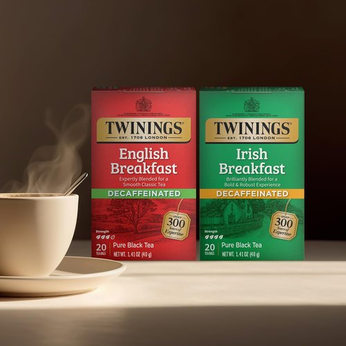 Twinings Decaffeinated English Breakfast Black Tea Bags, 20 Count (Pack of 6) + Decaffeinated Irish Breakfast Black Tea Bags, 20 Count (Pack of 6)
