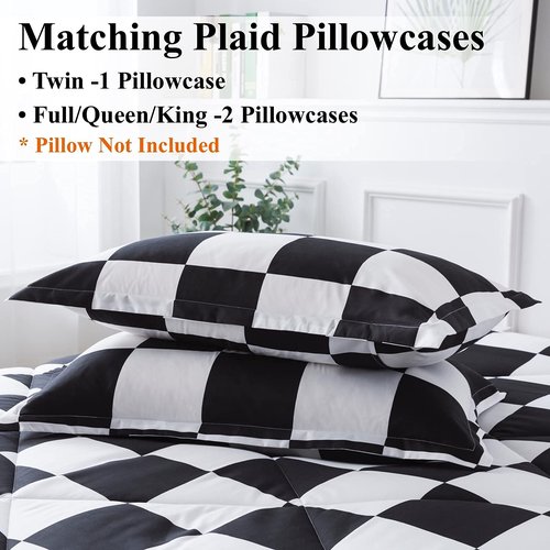Andency Checkered Comforter Full(79x90Inch), Black White Plaid Gingham Bed Set for Teen Boys Kids, Lightweight Polyester Geometric Preppy Bedding, 3 Pieces