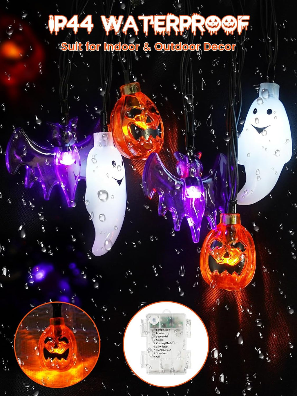 Skiennix Halloween String Lights - 30 LED 3D Pumpkin, Bat & Ghost Fairy Lights | Waterproof, Remote & Timer