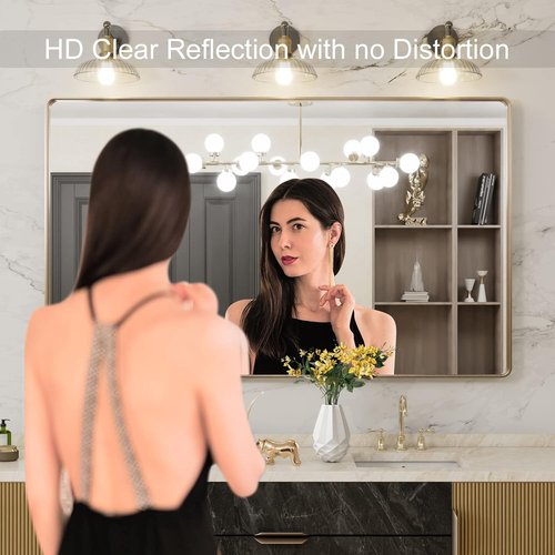 LOAAO Gold Bathroom Mirror - 60”X36” Rounded Rectangle Design | Brushed Gold Frame, Anti-Rust, Versatile Mounting Options