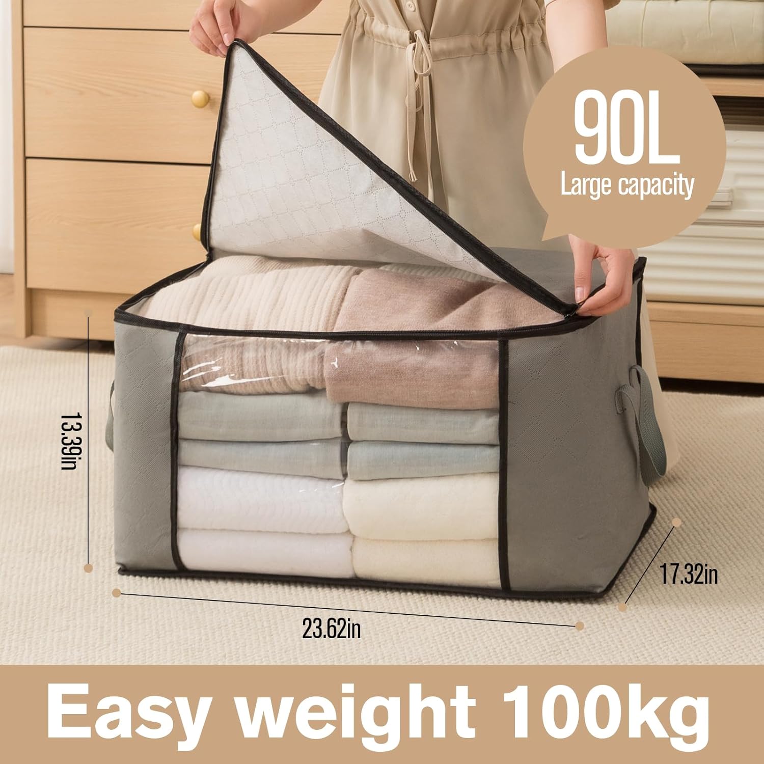 Skiennix Large Storage Bags - Foldable Closet Organizers with Lids & Reinforced Handles | 90L (4 Pack)