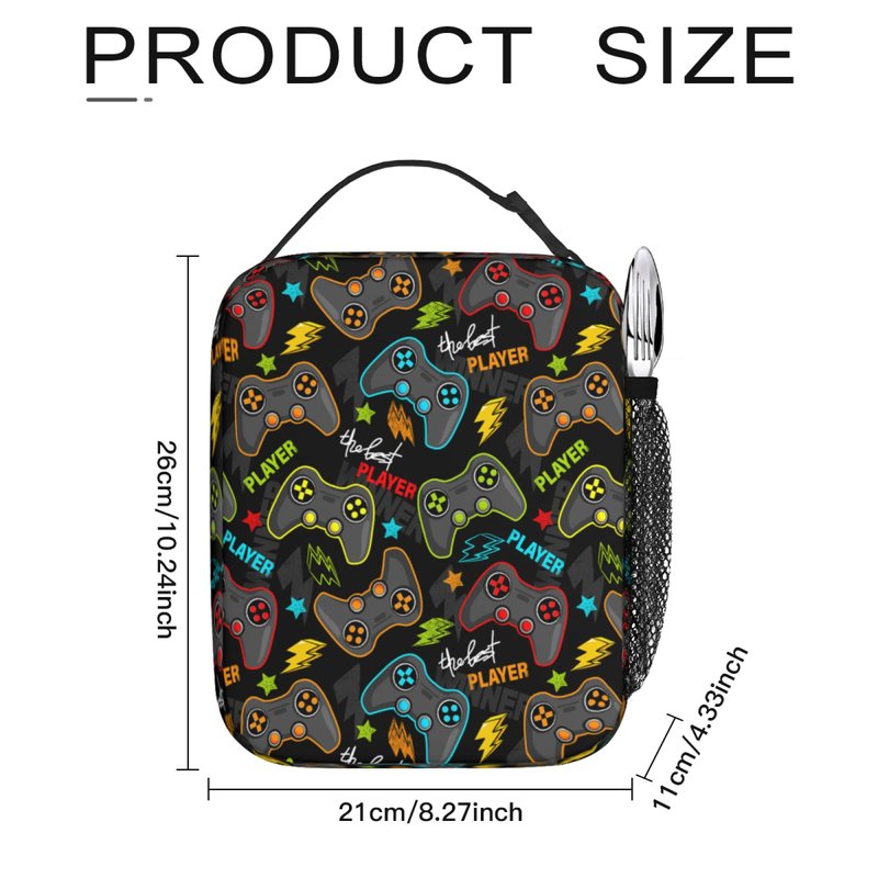 Miaoquhe Video Game Controller Insulated Lunch Bag, Gaming Gadgets Lunch Box for Boys Girls Kids, Portable Reusable Zipper Lunch Box for Men Women School Work Picnic Travel
