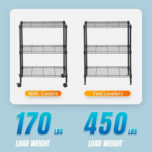 FDW Metal Storage Shelves - 3-Tier Wire Shelving Unit with Wheels | Compact 23L x 13W x 32H, Black