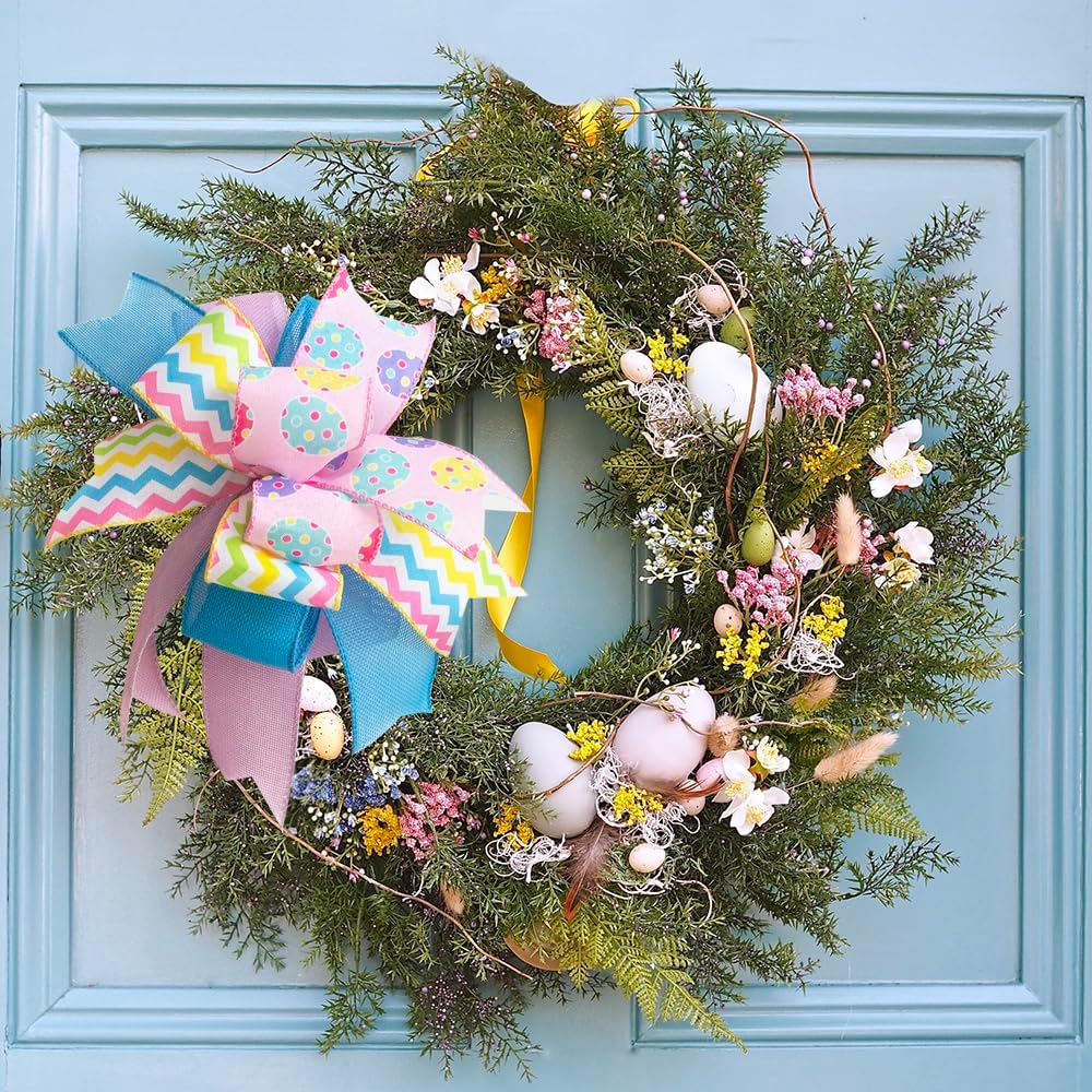 Skiennix Easter Wreath Bow - Pre-Tied Striped Wired Ribbon for Spring Decor | 10x12 Inch