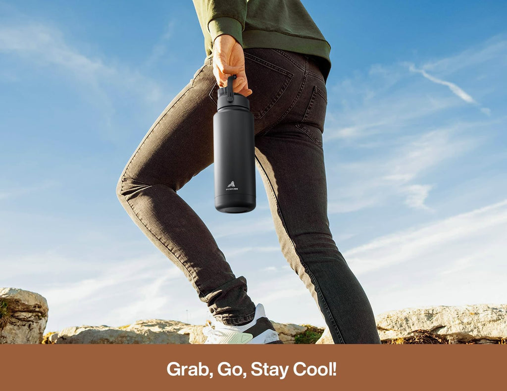 POWCAN 40 oz Insulated Water Bottle - 2-in-1 Straw & Spout Lid, Leak-Proof, BPA-Free, Mocha