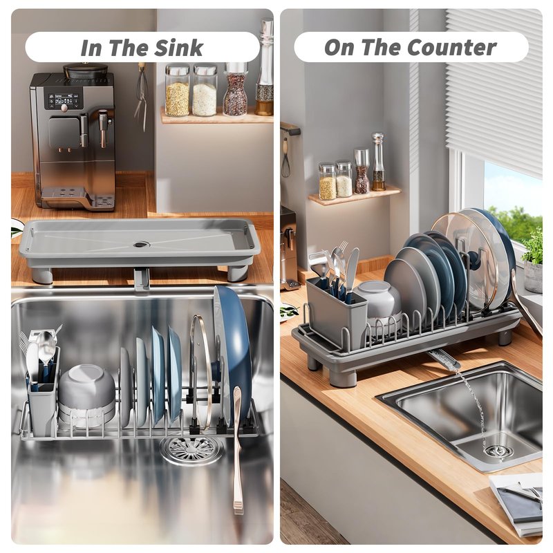 SanDream Small Dish Drying Rack with Removable Utensil Holder & Anti-Scratch Base - Stainless Steel Dish Rack, Dish Drying Rack with Drainage & Space Saving Design for Kitchen Counter, Gray