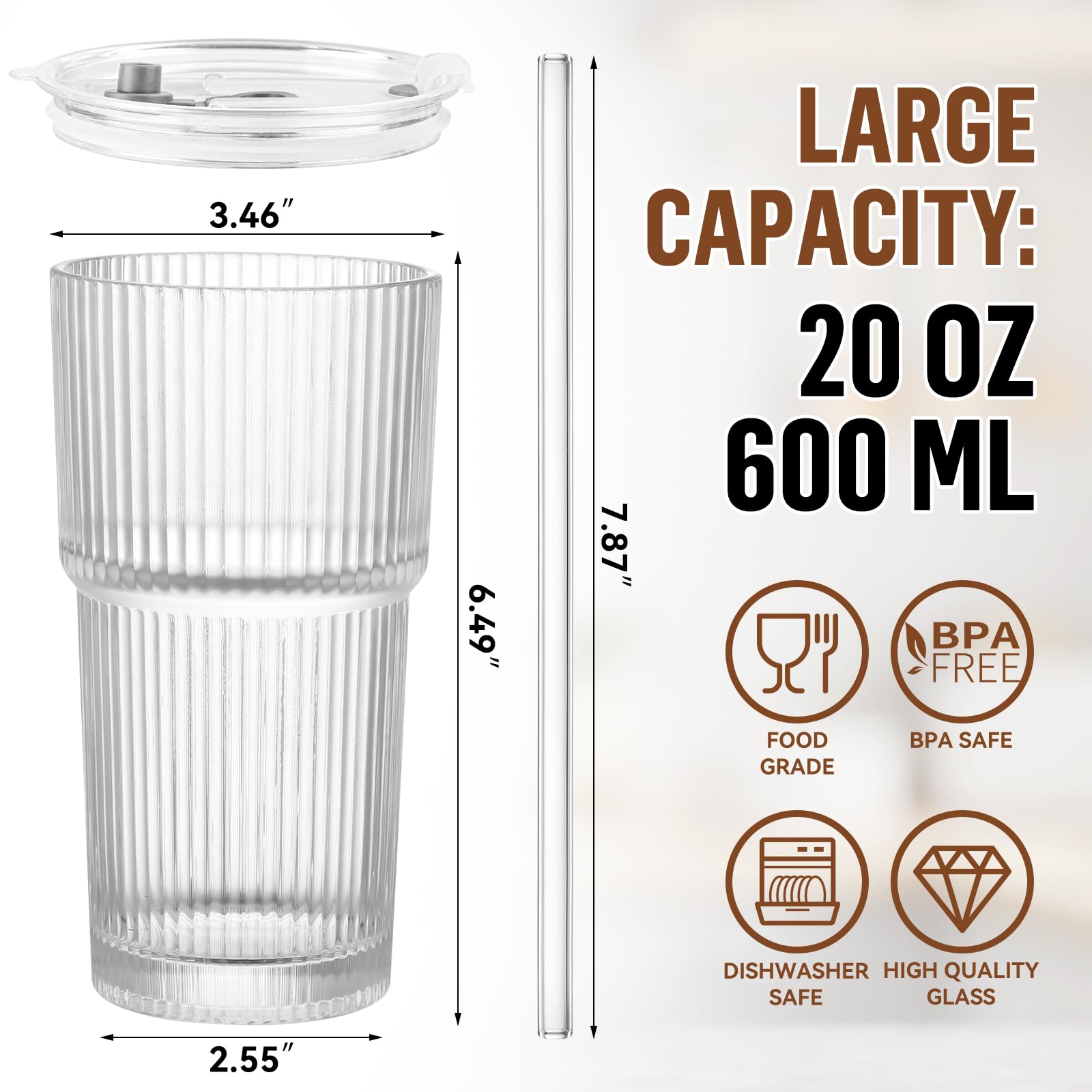 CWHHRN 20 oz Glass Cup with Lid and Straw, Glass Tumbler with Straw and Lid, Vintage Glassware for Whiskey Cocktail Beer, Iced Coffee Cups with Lid (1 PACK)