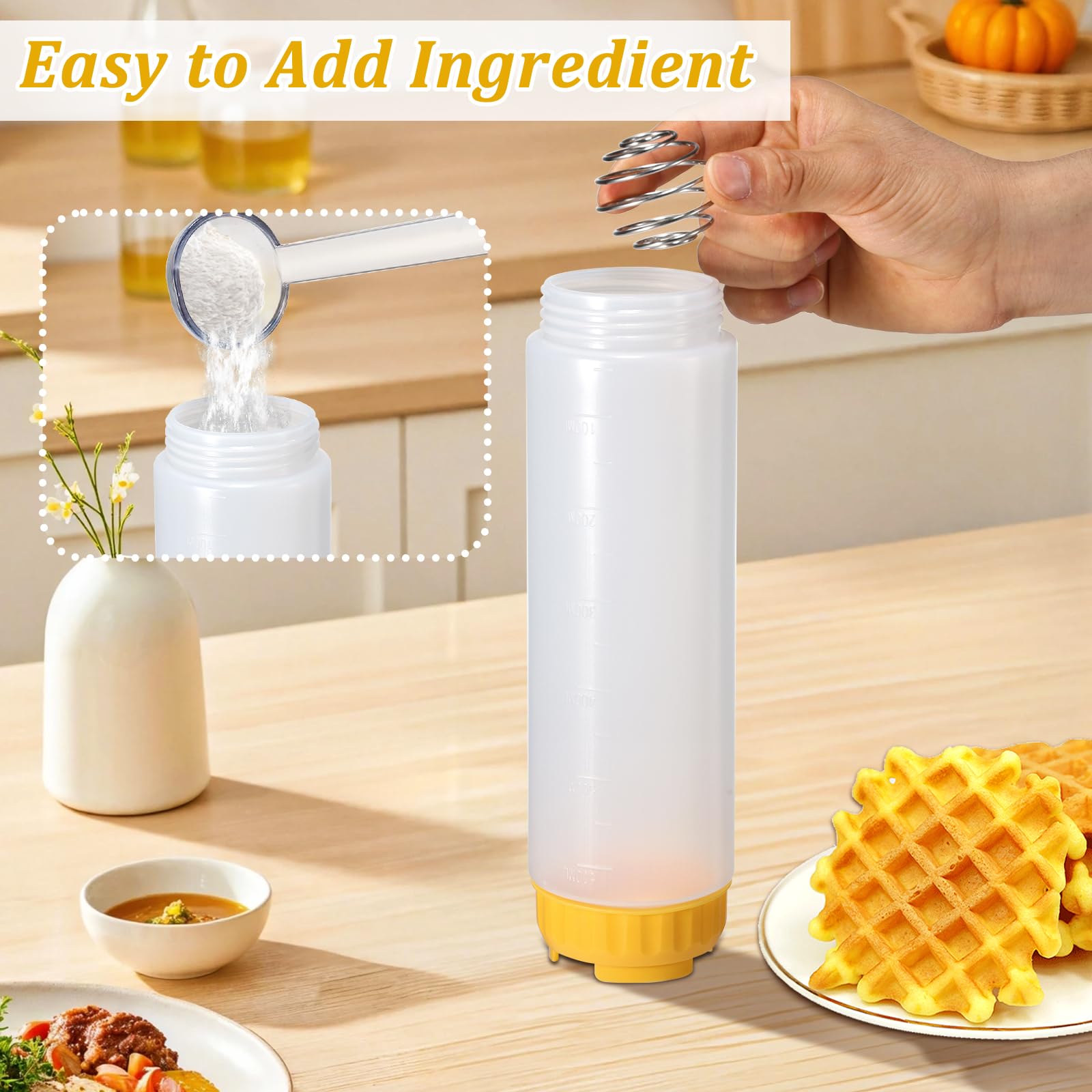 3 Pack Pancake Batter Dispenser and Mixer with BlenderBall Wire Whisk, Pancake Shaker Batter Dispenser, Kitchen Batter Bottle Squeeze for Cupcakes, Muffins, Crepes, Breakfast Art, and More (Yellow)