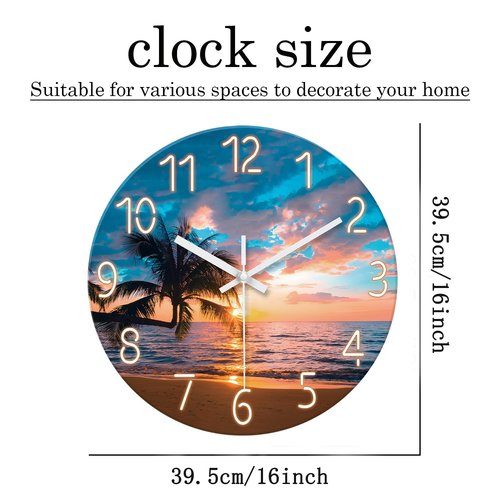 XFM Beach Wall Clocks Battery Operated 16 Inch Silent Non-Ticking Wall Clock Sunset Palm Tree Coastal Wall Clock for Bedroom Living Room Office Decor